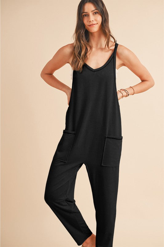 Side Pockets Pants Sleeveless V Neck Jumpsuit