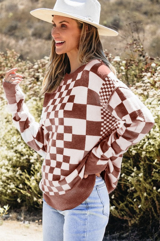 Checkered Drop Shoulder Round Neck Sweater