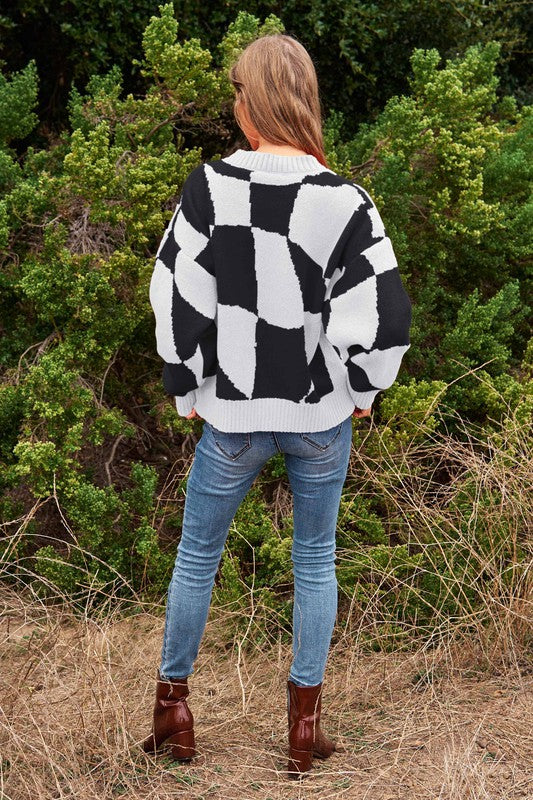 Multi Geo Checker Pullover Knit Sweater Top