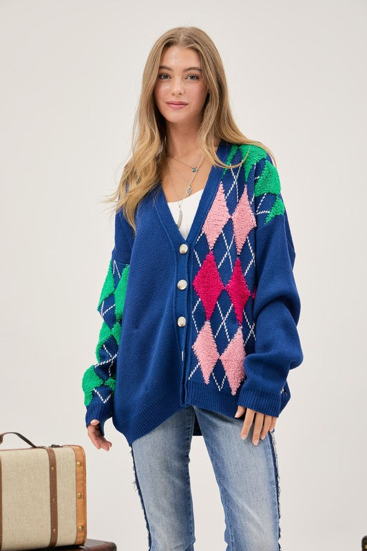 Plush Argyle Button Front Loose Fit Knit Cardigan